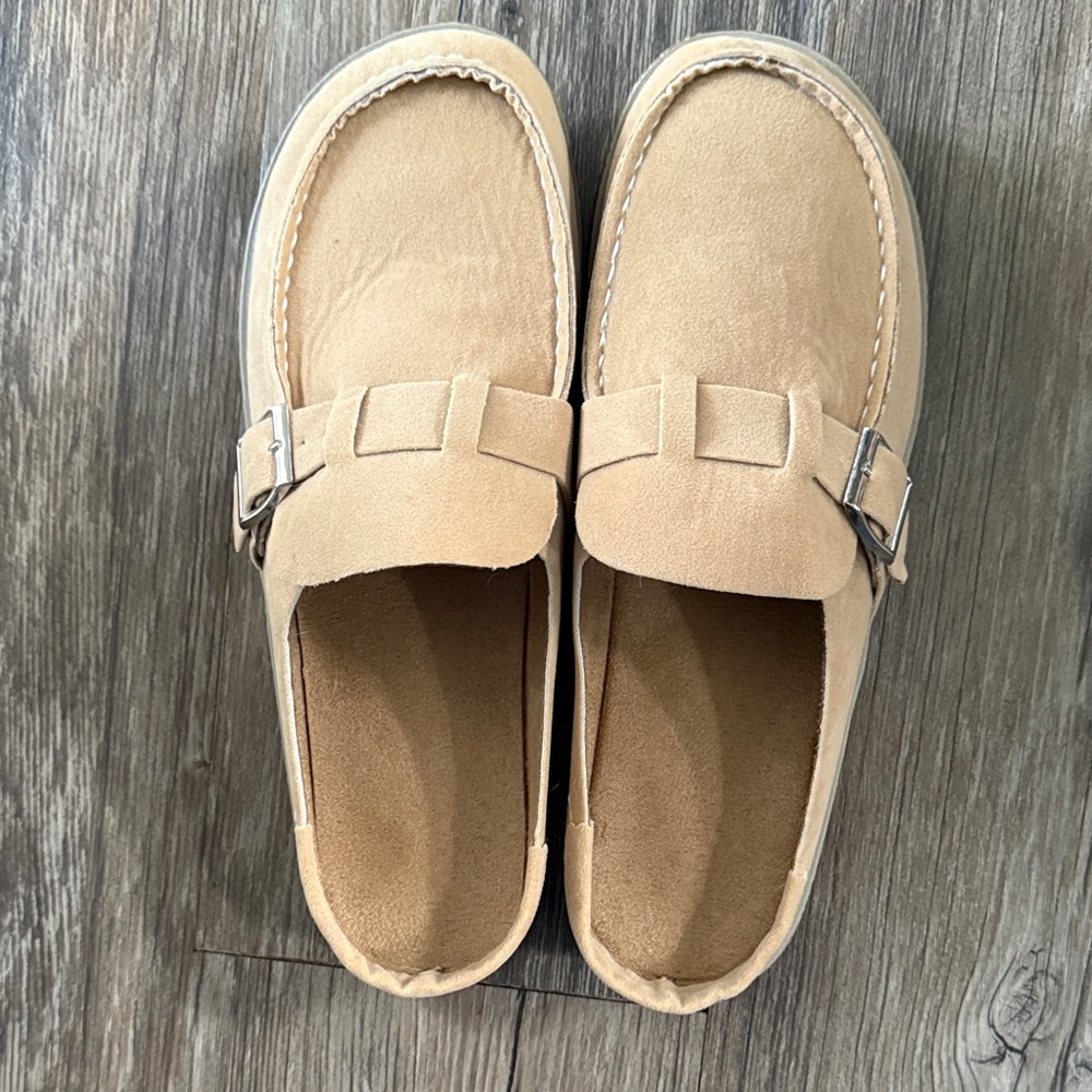 Tan Suede Loafers with Buckle Detail